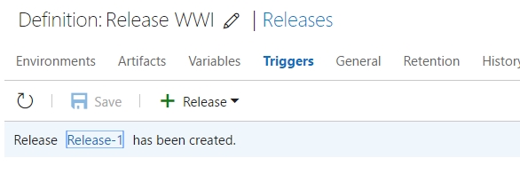Under Definition: Release WWI, the Triggers tab is selected, and the message Release Release-1 has been created displays, with the Release-1 link is called out.
